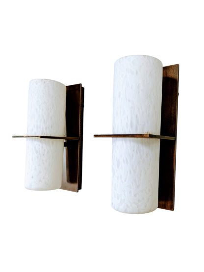 Pair of Hammerton Studio Bronze and Frosted Glass Cylinder Sconces