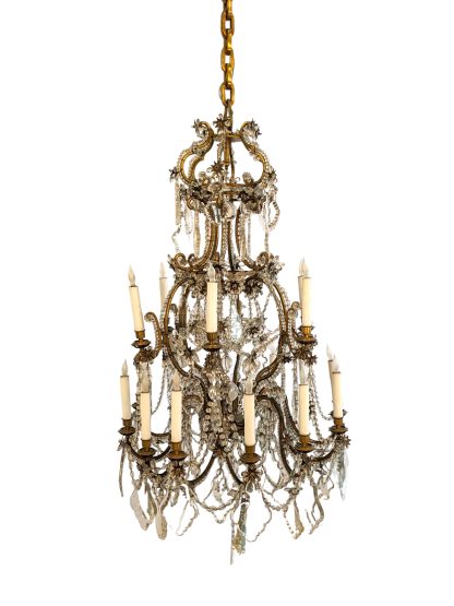 Antique 2-Tiered French Crystal and Brass Beaded Chandelier - Image 3