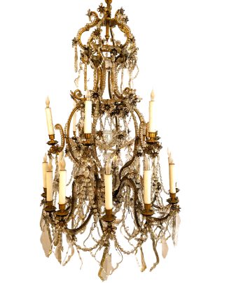 Antique 2-Tiered French Crystal and Brass Beaded Chandelier