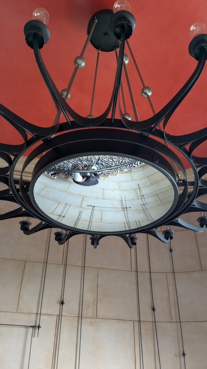 Massive 18-Armed Dark Steel Chandelier with Convex Mirror - Image 13