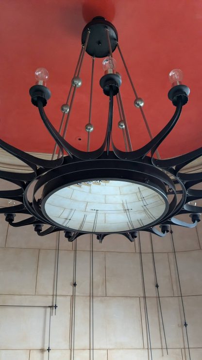 Massive 18-Armed Dark Steel Chandelier with Convex Mirror - Image 12