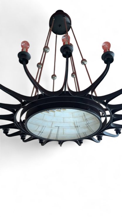 Massive 18-Armed Dark Steel Chandelier with Convex Mirror - Image 6