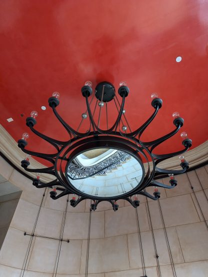 Massive 18-Armed Dark Steel Chandelier with Convex Mirror - Image 11