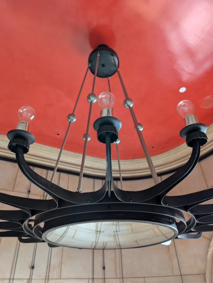 Massive 18-Armed Dark Steel Chandelier with Convex Mirror - Image 10