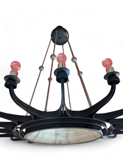 Massive 18-Armed Dark Steel Chandelier with Convex Mirror - Image 4