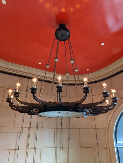 Massive 18-Armed Dark Steel Chandelier with Convex Mirror - Image 8