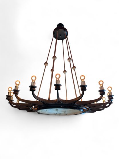 Massive 18-Armed Dark Steel Chandelier with Convex Mirror